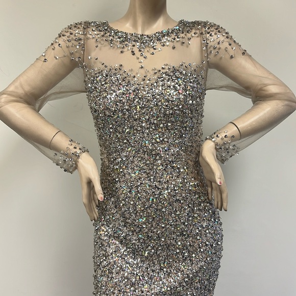 Terani fully beaded illusion long sleeves open back dressy dress - Picture 3 of 11